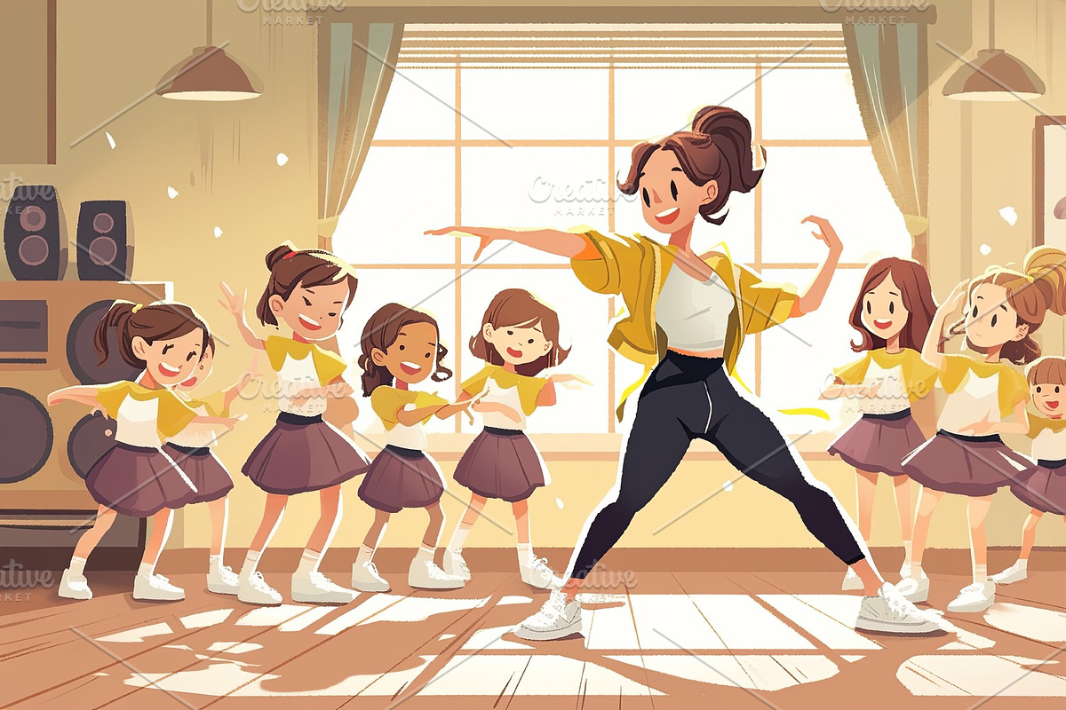 Young girls learning dance with an instructor in a bright studio setting, an Illustration by AS photostudio