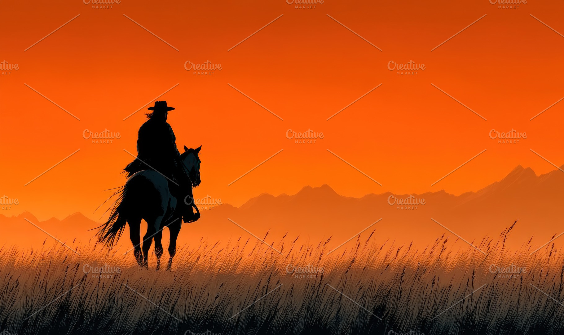 Cowgirl silhouette on horseback riding through tall grass at sun, a Person Photo by José Manuel Gelpi