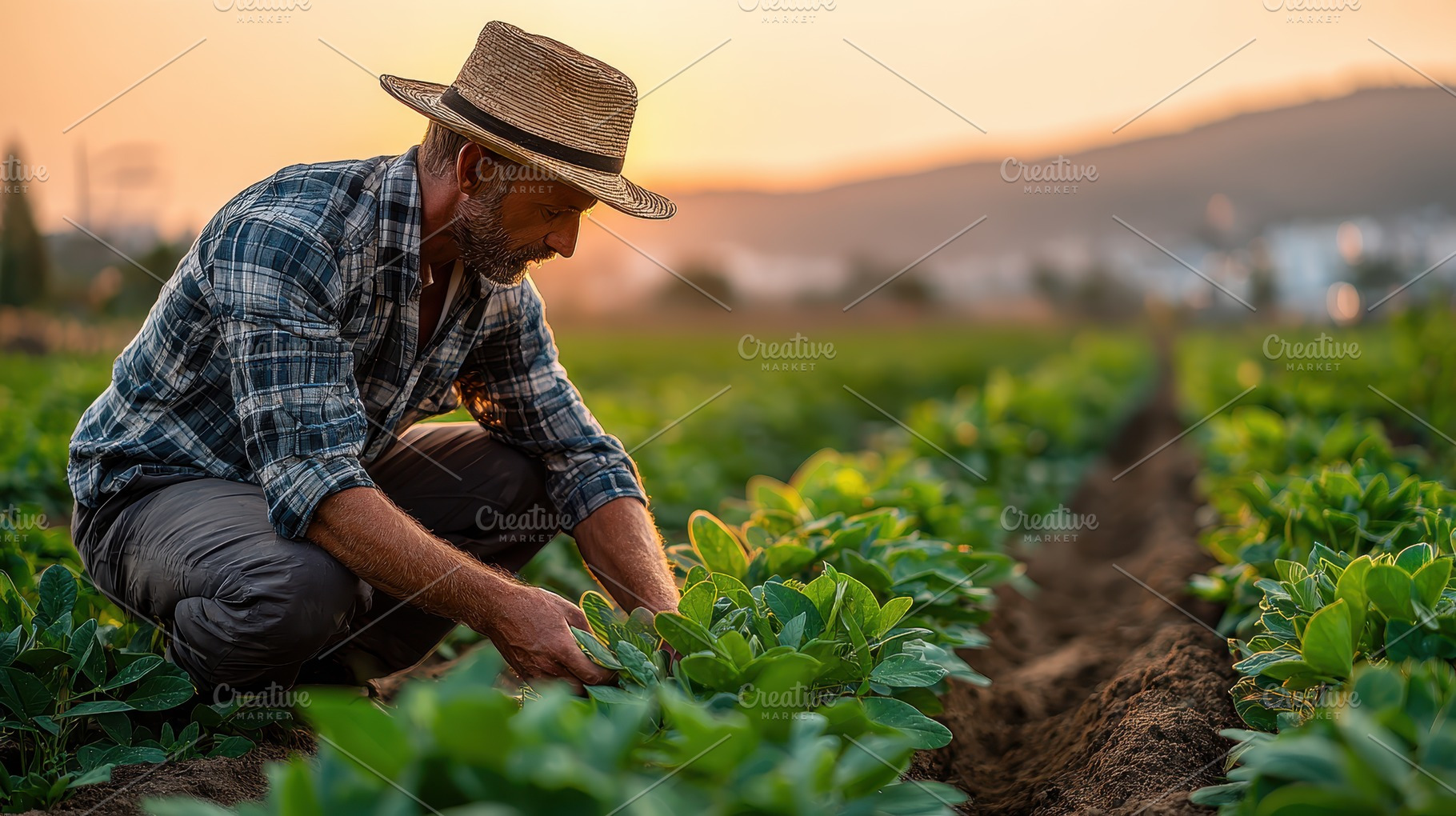 Farmer tending crops at sunset golde, a Photo by Pixeness Studio
