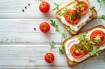 Sandwich with cream cheese, microgreens and tomatoes on wooden table, a Food & Drink Photo by AlyaAnd