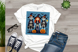 Halloween Witch and Skeletons, a Person Illustration by Sharon Schwalbe