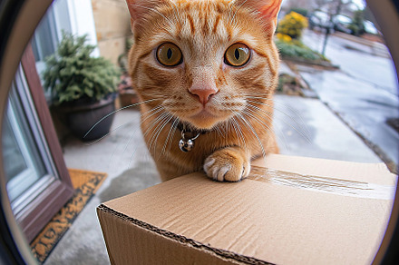 Curious orange cat peeks through peephole at delivery on rainy day, an Animal Photo by AlyaAnd