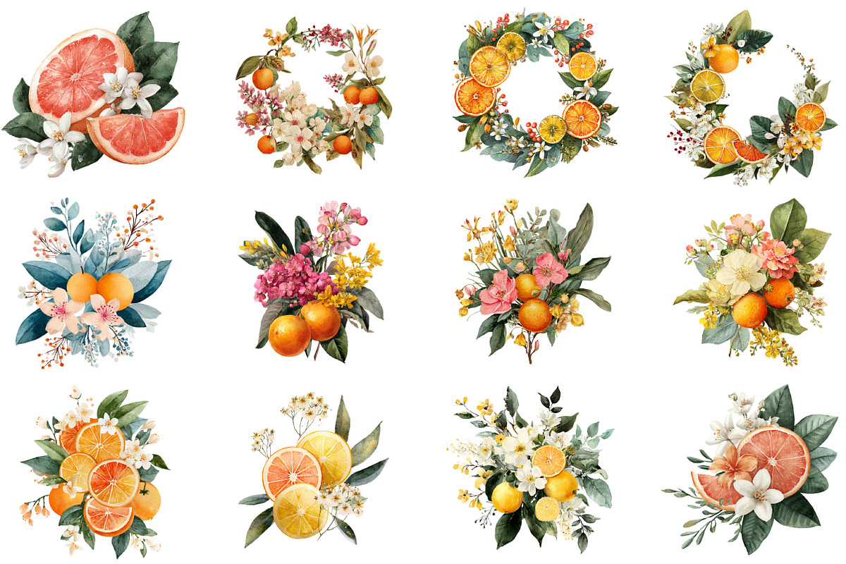 Watercolor Flower And Orange Clipart, an Illustration by DreamCafeArt (Photo 2 of 7)