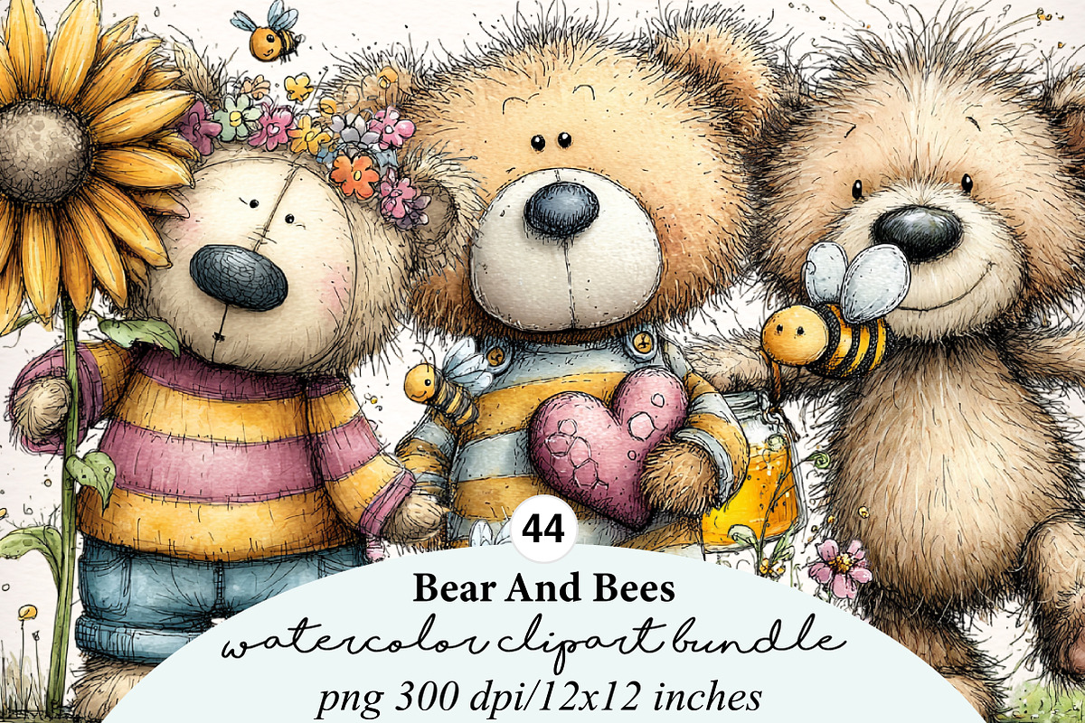 Watercolor Bear And Bees Clipart, a Transportation Illustration by Digital Artistic99 (Photo 1 of 10)