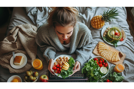 Top view of a woman eating breakfast, a Technology Photo by ZinetroN