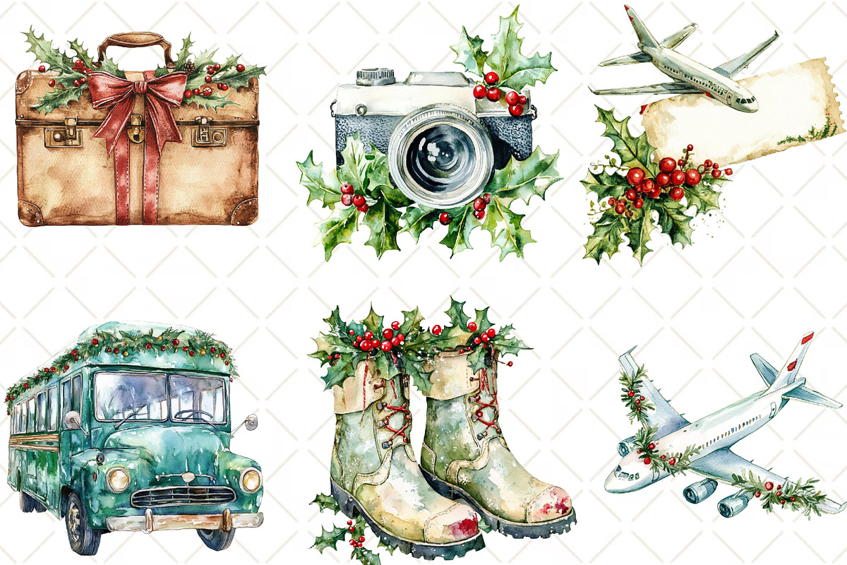 Christmas Travel Watercolour Clipart, an Illustration by Black Bird Studio (Photo 4 of 6)