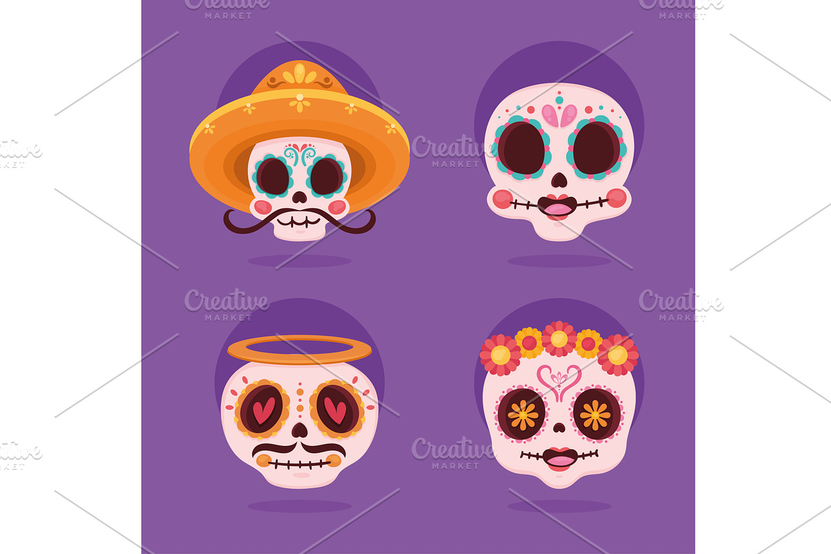 four dia de los muertos skulls, an Illustration by studiogstock