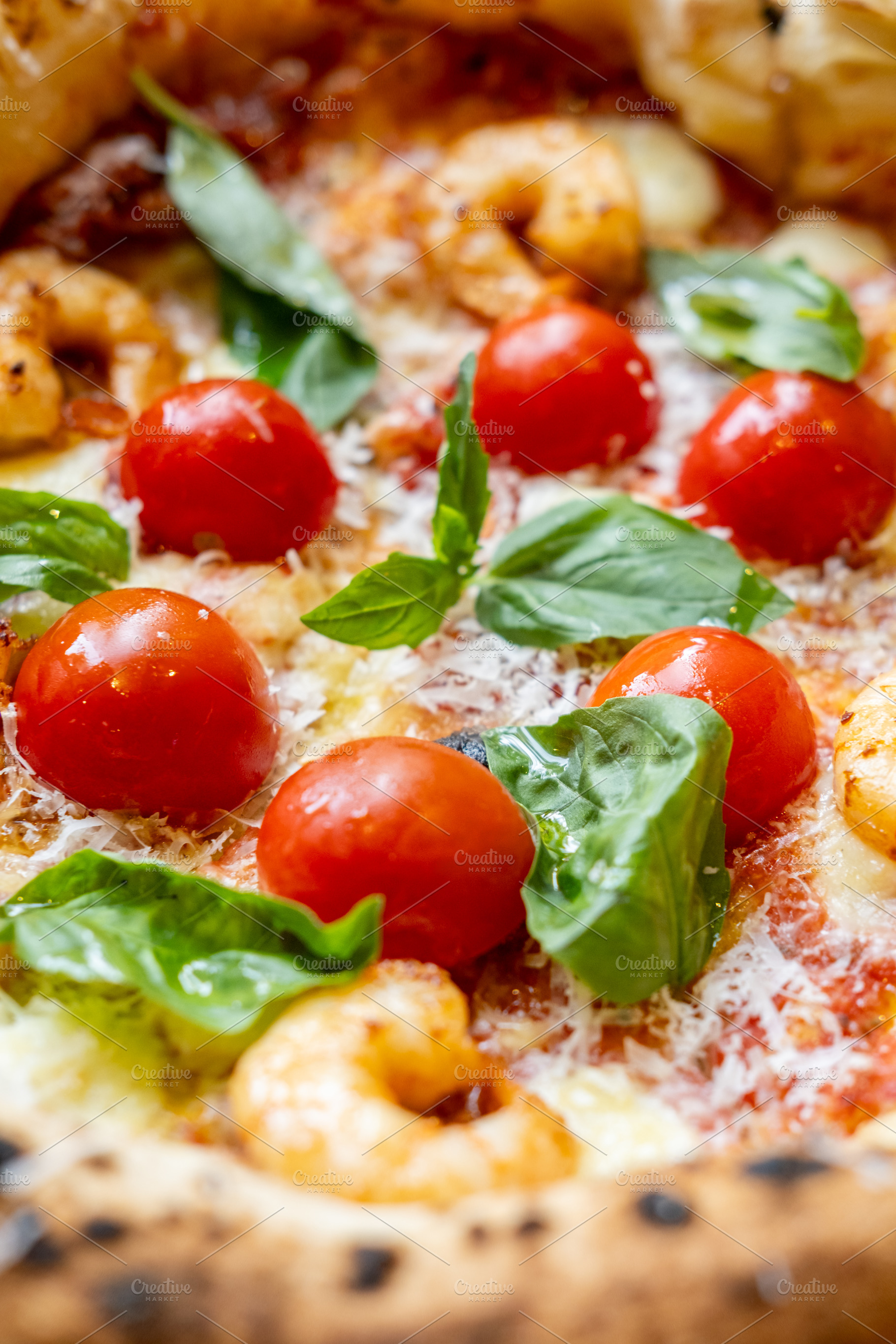 Tomato pizza italian cuisine shrimp cheese leaves, a Food & Drink Photo by Photo Drive Studio