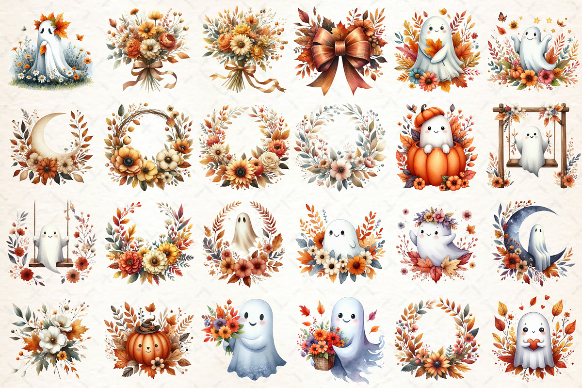 Watercolor Autumn Boho Ghost Clipart, an Illustration by Libby Wishes (Photo 6 of 6)