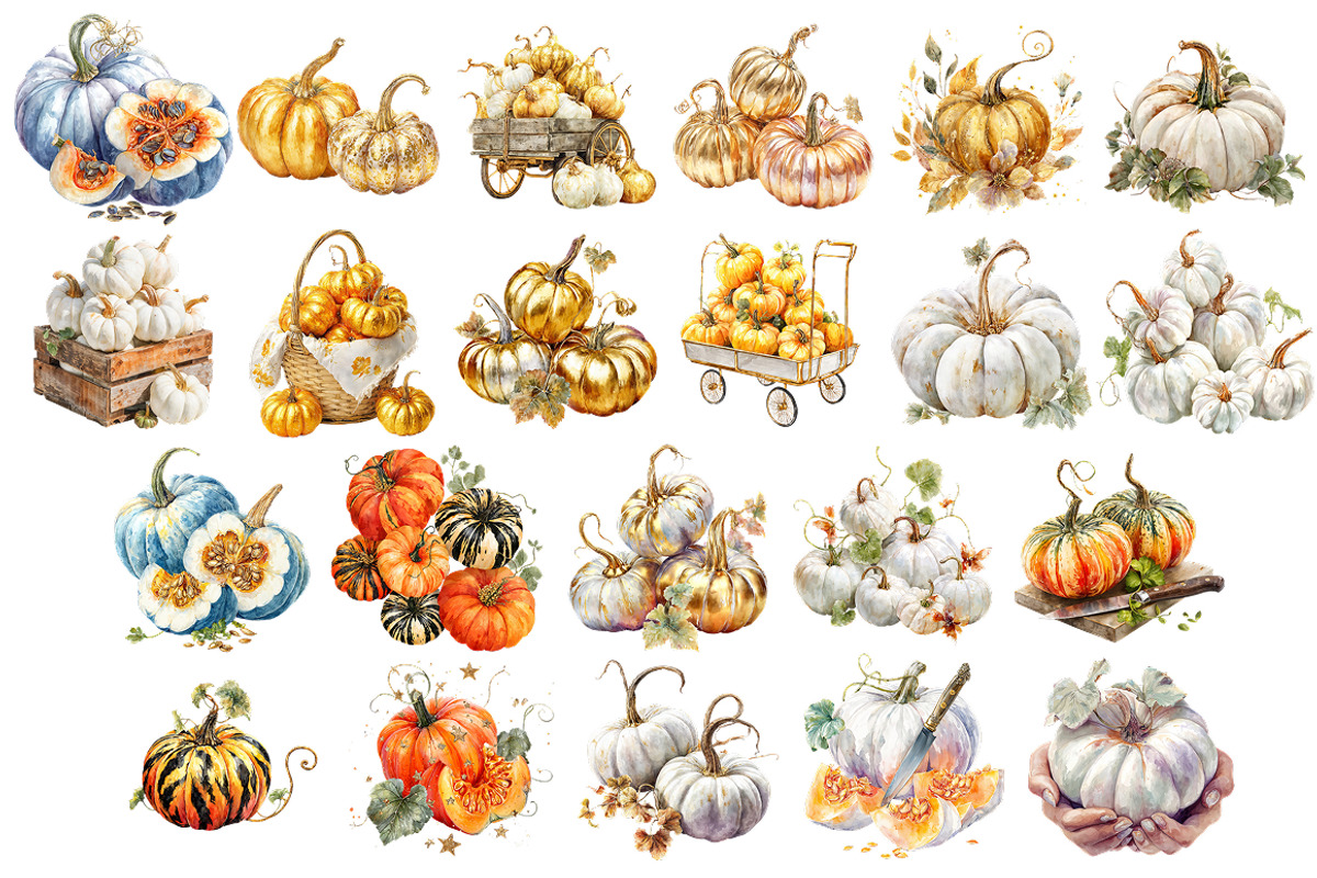 Gold & White Elegant Pumpkin Clipart, a Seasonal Illustration by InkyQueenArt (Photo 4 of 5)