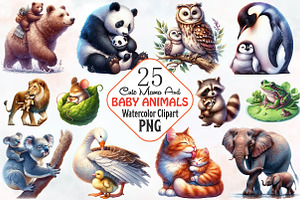 Cute Mama and Baby Animals Clipart, an Animal Illustration by RobertsArt