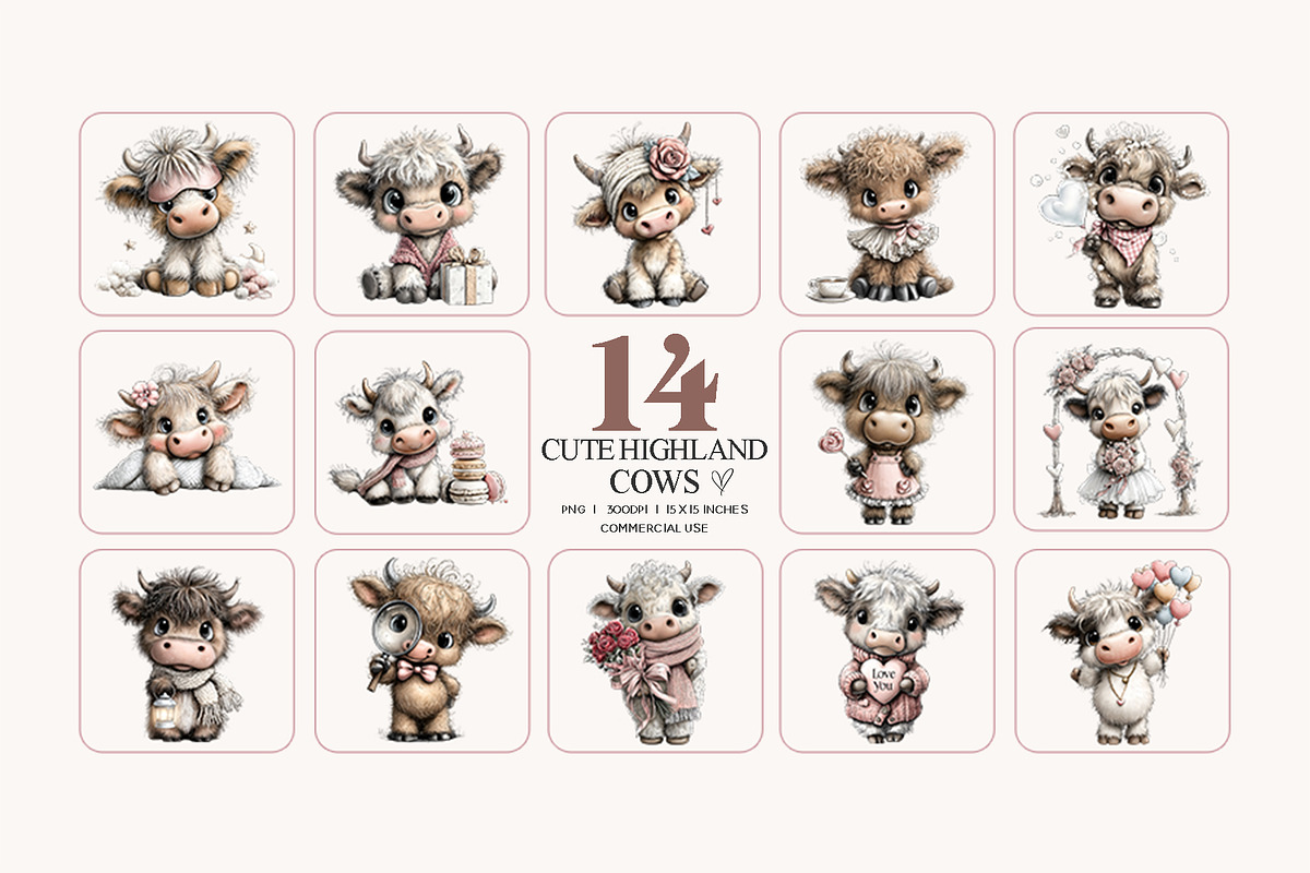 Cute Highland Cow Clipart Bundle, an Animal Illustration by Bijou Bay (Photo 3 of 3)