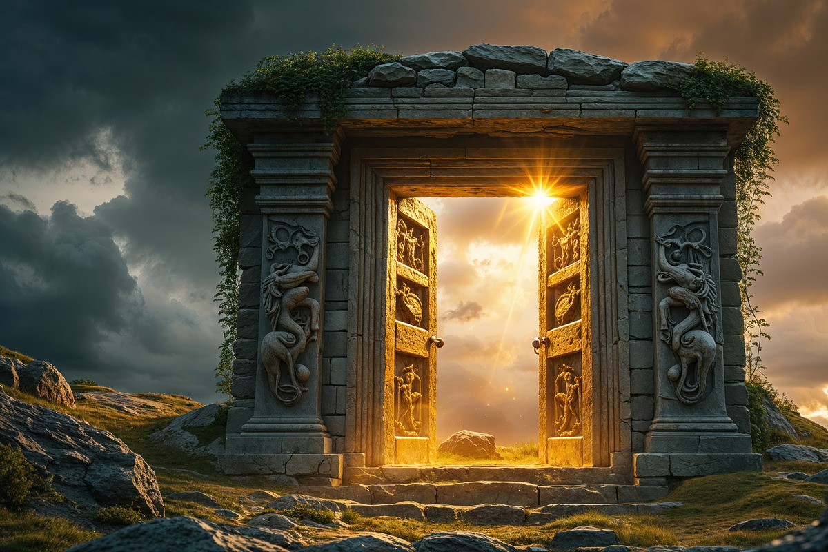 Glowing ornate stone portal standing, an Illustration by wavebreak