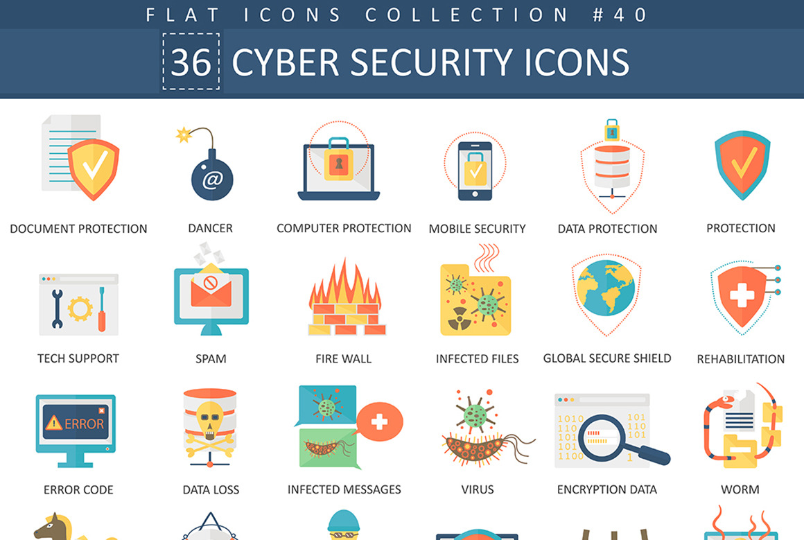 36 Cyber security flat icons set, an Outline Icon by Lemberg Vector