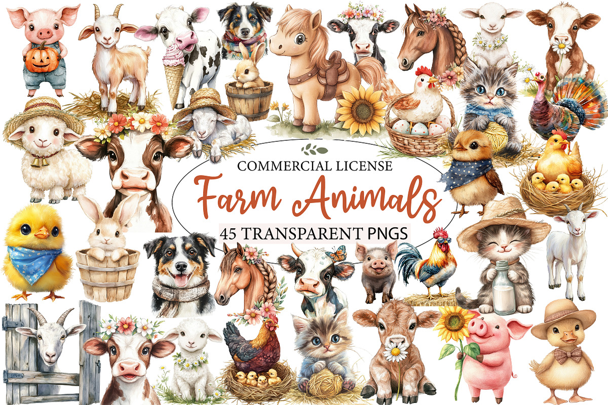 WatercolorCute Farm Clipart, Animals, an Animal Illustration by Designworld (Photo 1 of 7)
