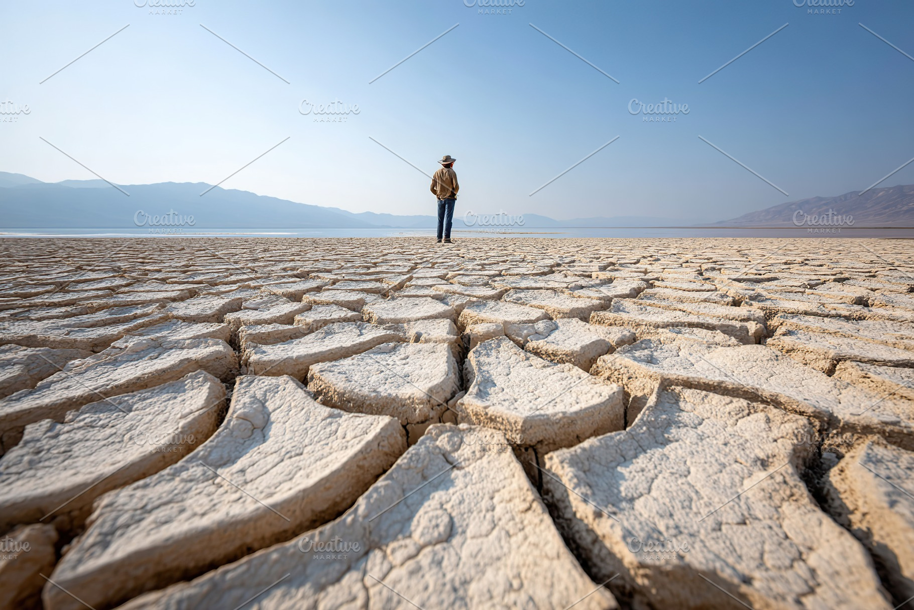 Cracked earth landscape with a solitary figure in a desolate environment at mid, a Nature Photo by AlyaAnd