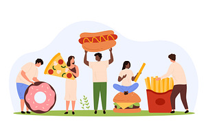 Fast food eating and delivery, tiny, a Food Illustration by Flashvector