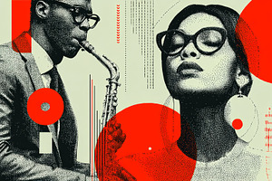 Artistic representation of a saxophonist and a woman in vibrant abstract style, a Photo by AS photostudio