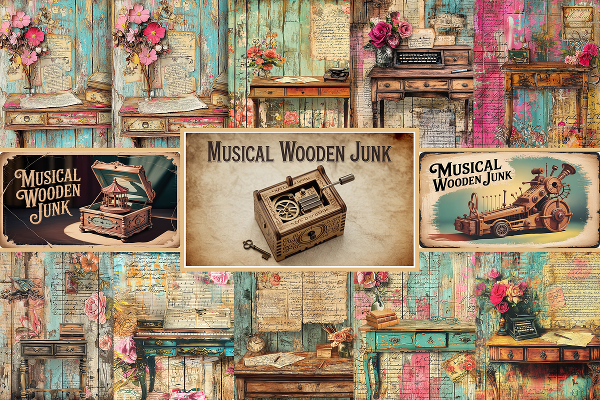 Vintage Musical Wooden Junk Page, a Background Graphic by Printable Treasure (Photo 1 of 7)