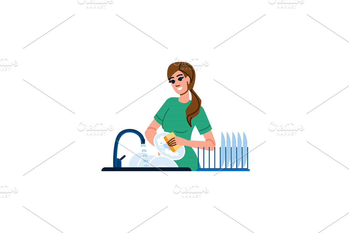 Housewife washing dishes in kitchen, an Illustration by pikepicture