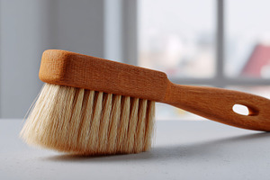 A natural wood dust brush with soft bristles resting on a clean surface, captur, a Business Photo by ImageMir