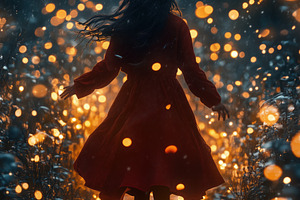 A silhouette of a woman in a red dress walking through a magical forest filled, a Person Photo by Textures & Backgrounds