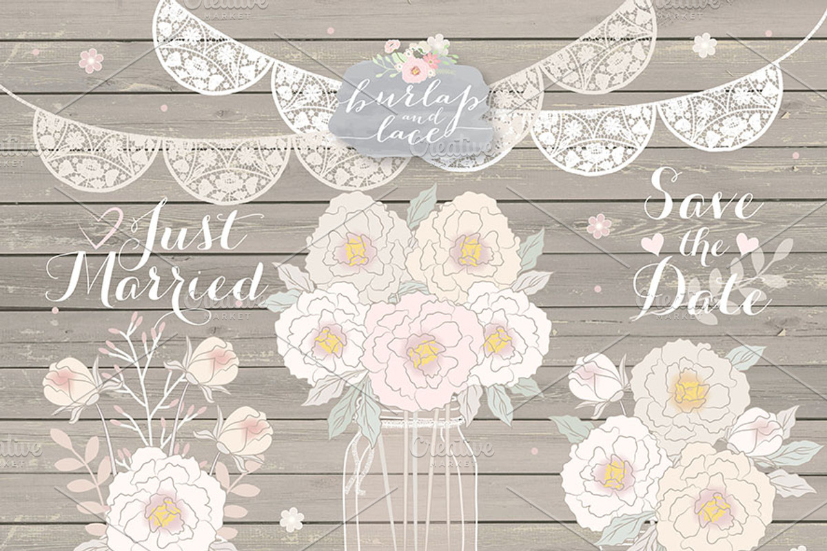Peonies Wedding mason jar clipart, an Illustration by burlapandlace (Photo 1 of 2)