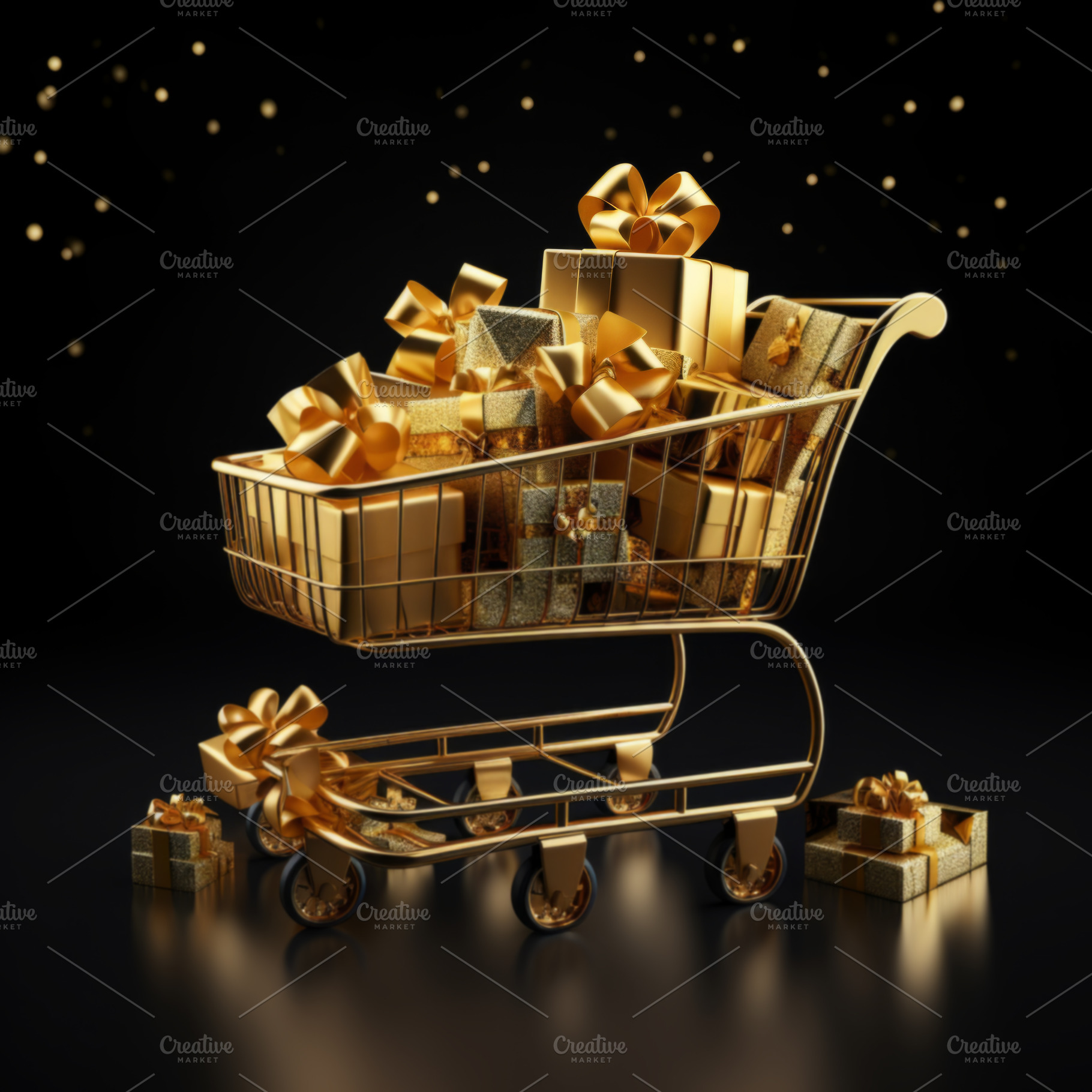 Shopping cart full of golden gift boxes on black background, a Holiday Photo by Natalia Klenova's Shop