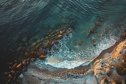 Waves softly kiss the rocky shorelin, a Photo by Tanuart