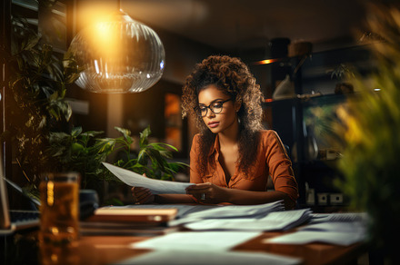 Focused African Professional Woman Working Late at Office Desk, a Photo by AS photostudio