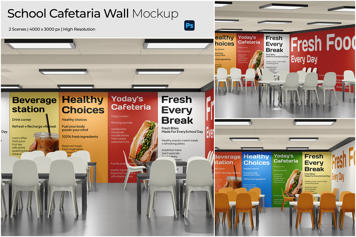 School Cafetaria Wall Mockup, an Advertising Mockup by Bartama Graphic (Photo 1 of 5)
