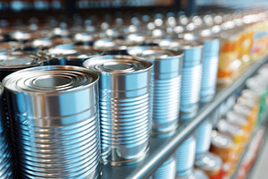 Metallic canned goods on supermarket shelf, an Industrial Photo by AlyaAnd