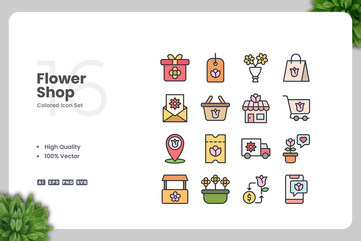 Flower Shop Colored Icons, an Icon by Upnowgraphic