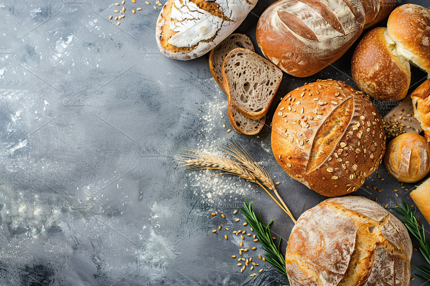 Freshly different baked bread on grey background, a Food & Drink Photo by AlyaAnd