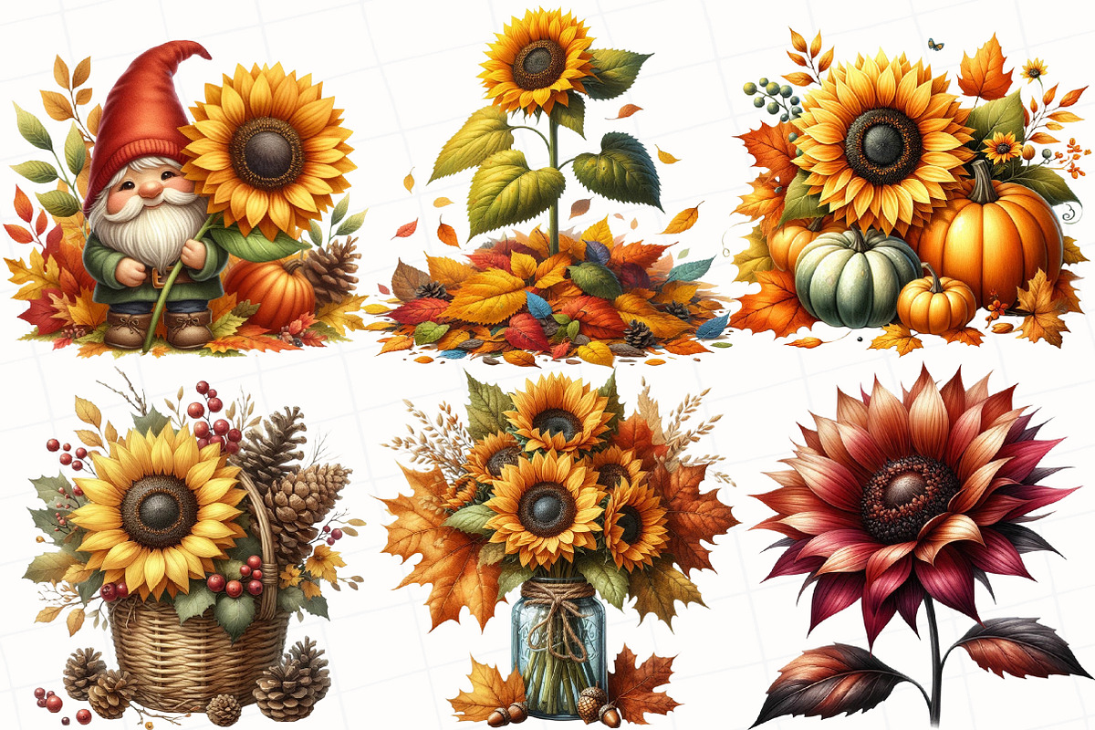 Vintage Sunflowers Autumn Clipart, an Illustration by OK Design (Photo 2 of 5)