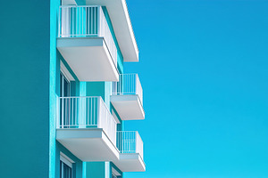 Vibrant blue building with balconies against a clear sky captures modern archit, an Architecture Photo by AlyaAnd