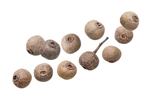 Allspice peas flies on a white, a Food & Drink Photo by innakreativ
