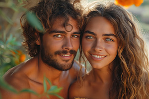 A smiling couple, a Caucasian man with curly hair and beard, and a woman with w, a Person Photo by ImageMir