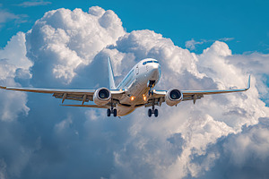 Airplane landing through fluffy clou, a Photo by Pixeness Studio
