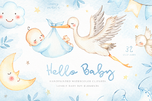 Hello Baby Blue Watercolor Clip Arts