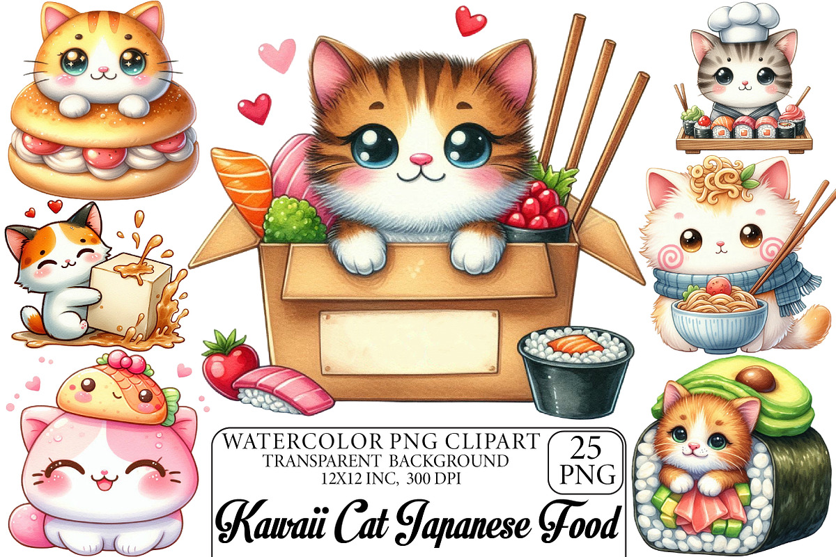 Kawaii Cat Japanese Food Clipart, an Illustration by DreamPrint404 (Photo 1 of 6)