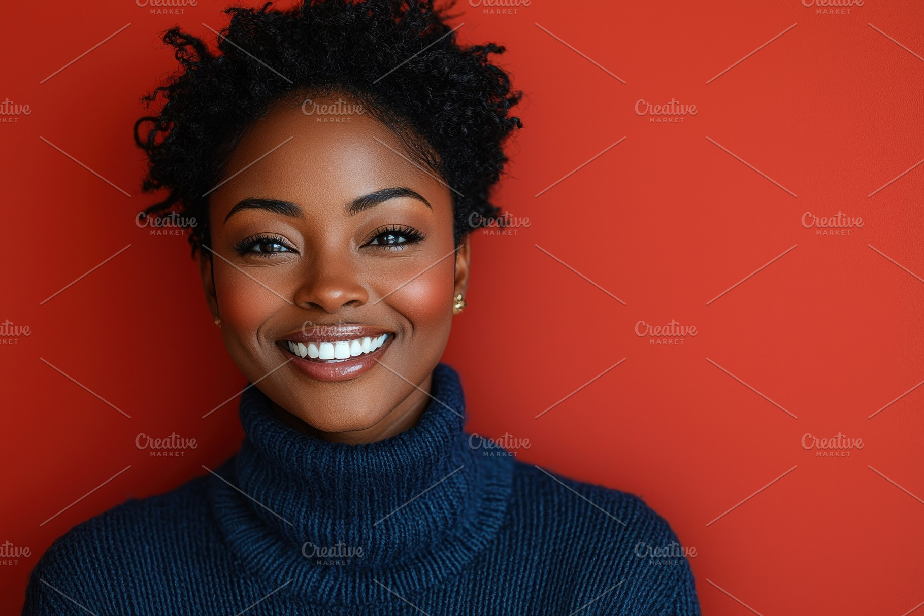 Smiling woman in blue turtleneck sweater with curly hair and gold earrings agai, a Person Photo by José Manuel Gelpi