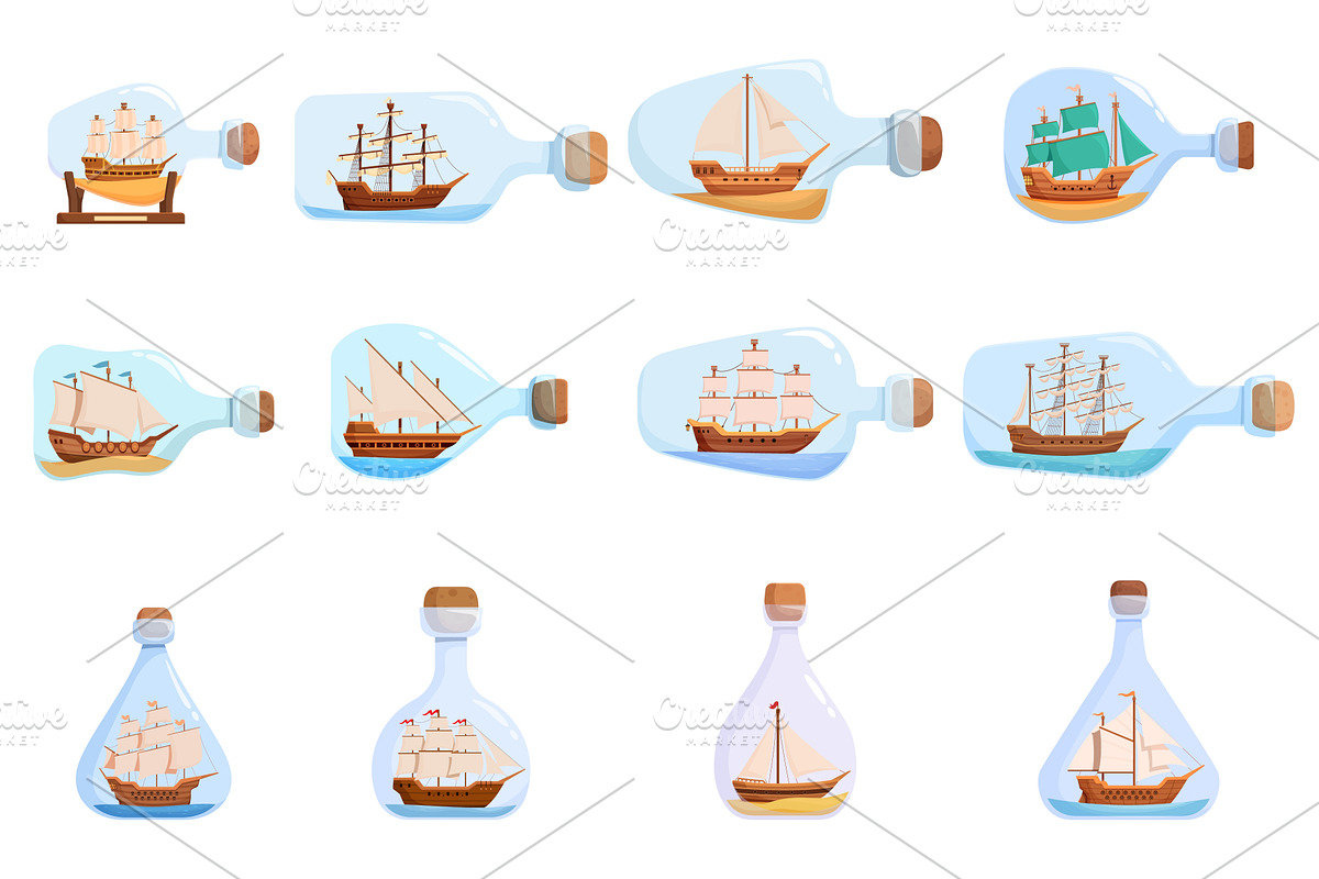 Vintage decorative ships in bottles, an Object Illustration by Valerie Bodnar