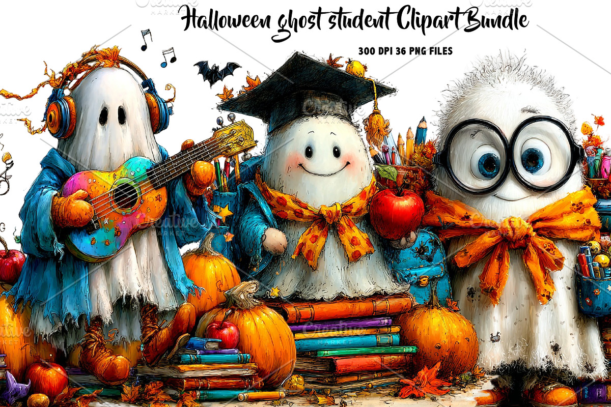 Halloween ghost student Clipart, a Seasonal Illustration by CreationArt (Photo 1 of 7)