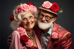 Happy elderly couple adorned with roses, smiling warmly in vibrant attire., a Person Photo by ImageMir