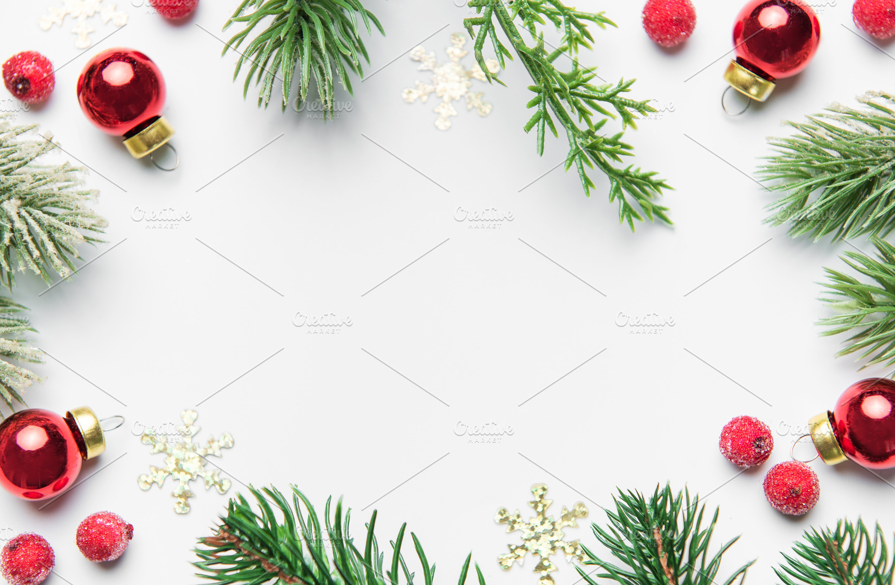 Christmas frame with fir branches and red ornaments, a Holiday Photo by Olena Rudo