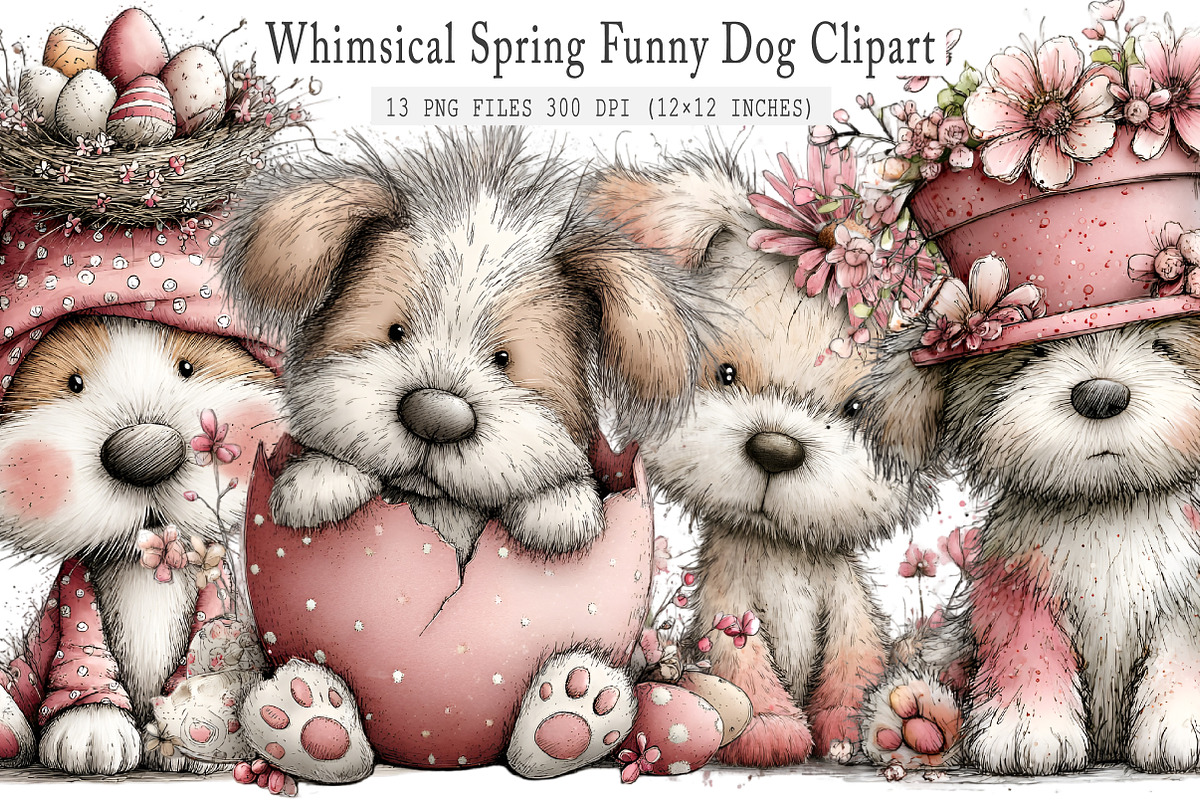Whimsical Spring Funny Dog Clipart, an Animal Illustration by GatewayDesign (Photo 1 of 3)