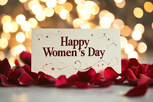 Greeting card with text Happy Women's Day and rose flowers petals on blurred li, a Background Photo by AlyaAnd
