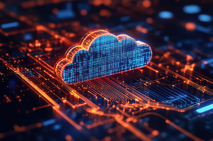 Data cloud icon glowing on circuit b, a Background Photo by Pixeness