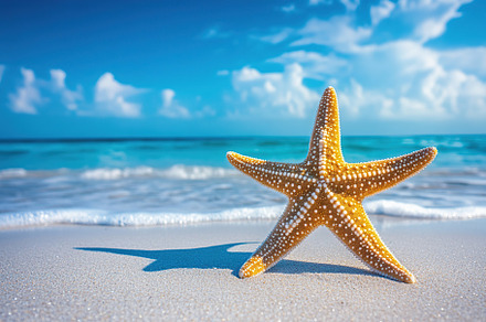Five-pointed starfish on a sandy beach under a clear blue sky near the ocean, an Animal Photo by AlyaAnd